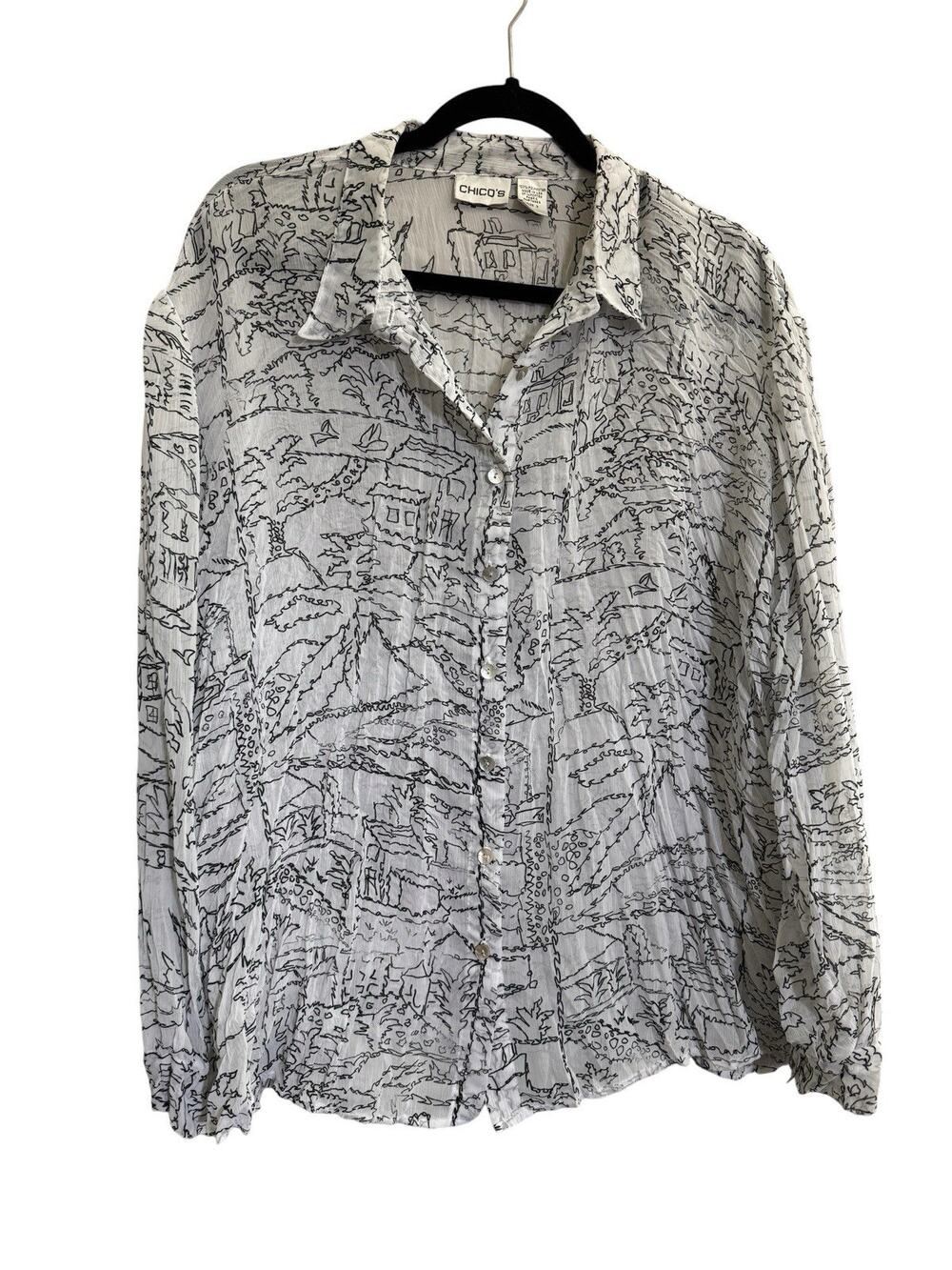 Chicos Womens Size 3 Button Shirt White Black Drawing Crinkle Sheer Top #7284